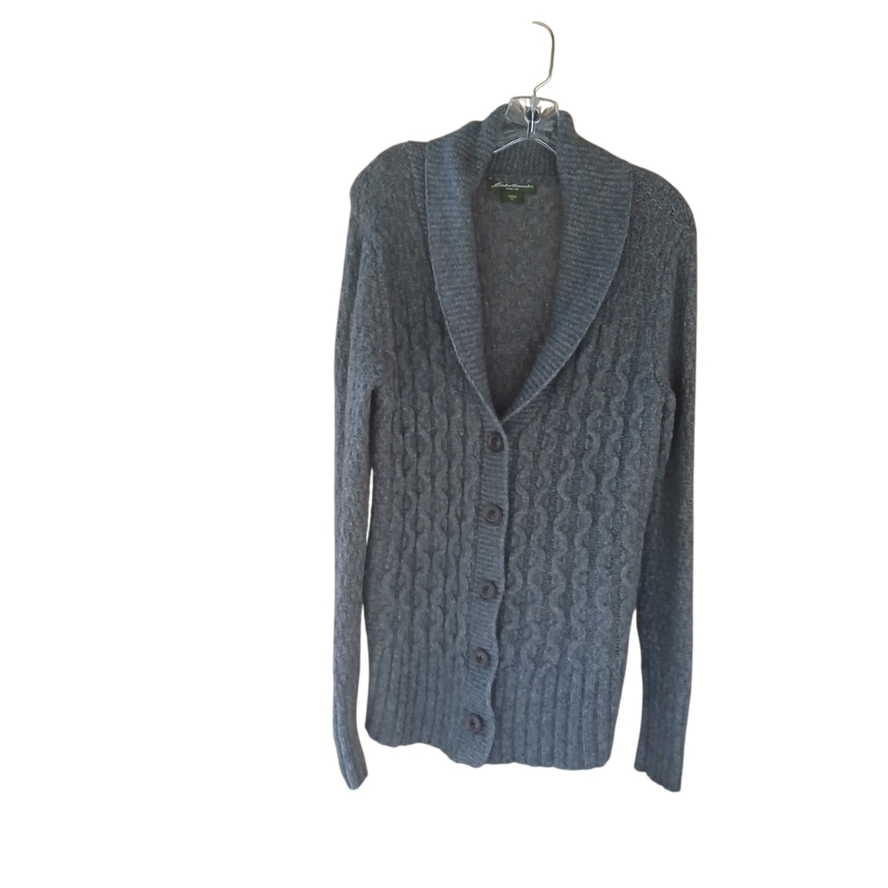 Eddie Bauer Gray Shawl Collar Cable Knit Lambswool Cardigan Small
